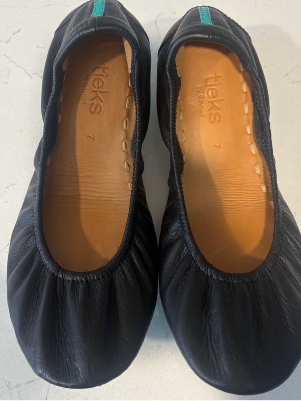 Tieks Black Leather Ballet Flats with Teal Heel Tab
